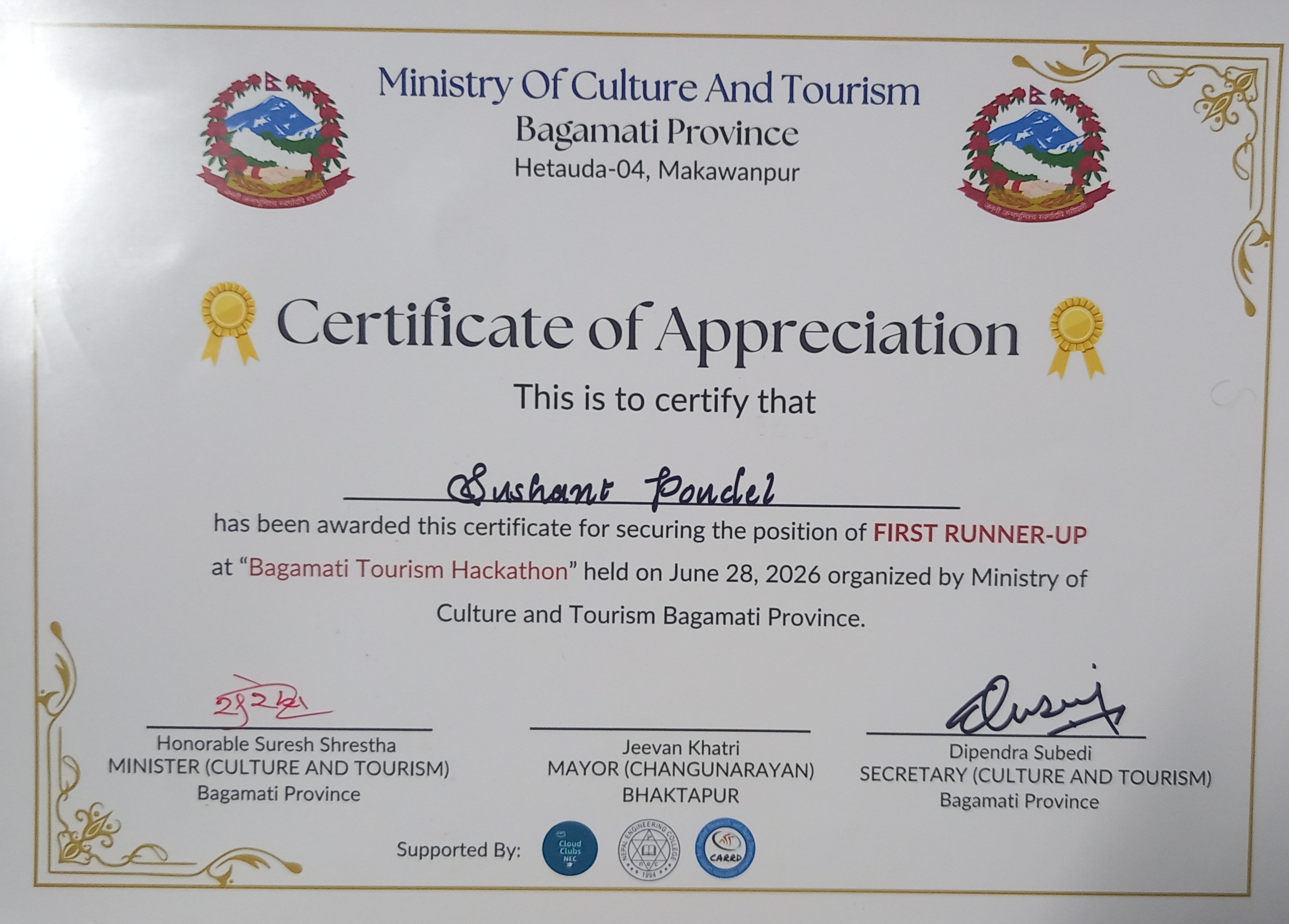 Bagmati Province Hackathon Certificate